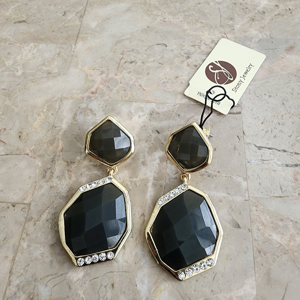 Stony Dark Gray and Rhinestone Earrings